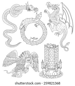 Set with hand drawn silhouettes of medieval mythological creatures and old castle tower, black and white graphic illustration