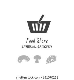 Set of hand drawn silhouettes: shopping cart, cheese, salami and mushroom. Food store logo templates for craft packaging or brand identity. Vector illustration 