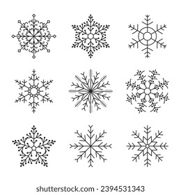 Siluetas dibujadas a mano con copos de nieve sobre un fondo blanco. Elementos de diseño invernal, vector