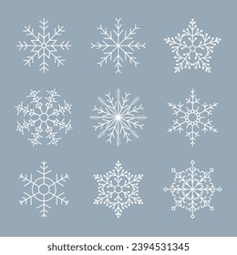 Set of hand drawn silhouettes of snowflakes on a white background. Winter design elements, vector