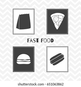 Set of hand drawn silhouettes: takeaway paper bag, hot dog, burger and pizza slice. Fast food posters. Vector illustration