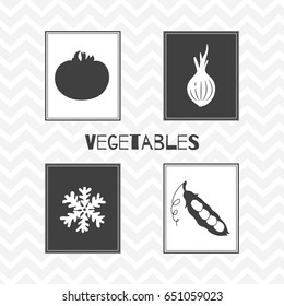 Set of hand drawn silhouettes: tomato, onion, pea and snowflake. Vegetables posters. Vector illustration