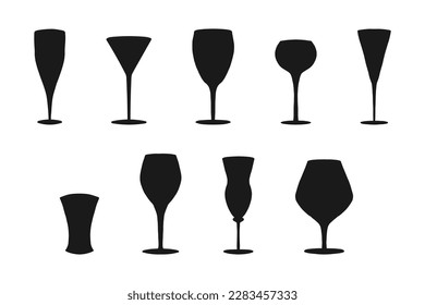 Set of hand drawn silhouettes of various liquor glasses. Isolated on white background.