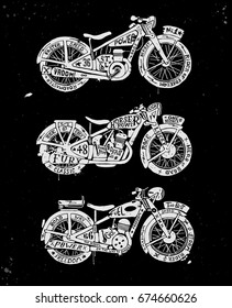 Set of Hand drawn Silhouettes of vintage motorcycles filled with text. Grunge vector illustration