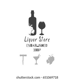 Set of hand drawn silhouettes: wine bottle and glass, grape bunch, cocktail and corkscrew. Liquor/alcohol store or bar logo template for craft food packaging or brand identity. Vector illustration