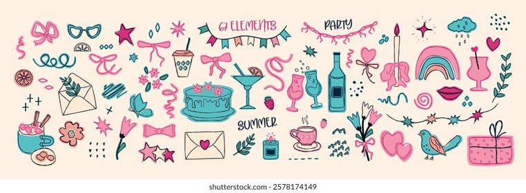 A set of hand drawn simbol  for a party with doodles. bow, dessert, gift, strawberries, balls: isolated elements. of icon sketches for invitation, flyer, poster. Vector art  illustration