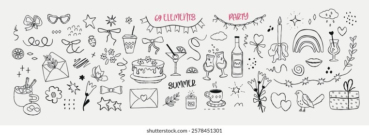 A set of hand drawn simbol  for a party with doodles. bow, dessert, gift, strawberries, balls: isolated elements. of icon sketches for invitation, flyer, poster. Vector art  illustration