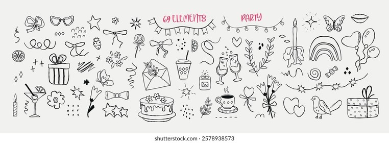 A set of hand drawn simbol  for a party with doodles. bow, dessert, gift, strawberries, balls: isolated elements. of icon sketches for invitation, flyer, poster. Vector art  illustration