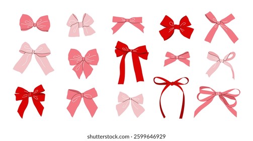 Set of hand drawn simple bows, bow knots, bow ties, ribbons, and hair bows. Festive isolated elements on white background. Collection of red and pink bows in flat style for celebration designs. Vector