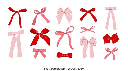 Set of hand drawn simple bows, bow knots, bow ties, ribbons, and hair bows. Isolated elements on white background. Collection of various red and pink bows in flat style for celebration designs. Vector
