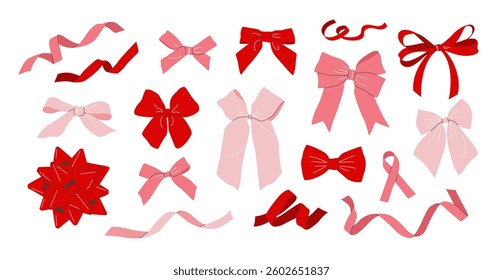 Set of hand drawn simple bows, bow knots, bow ties, gift bow, ribbons, and hair bows. Isolated elements on white background. Various red and pink bows in flat style for celebration designs. Vector