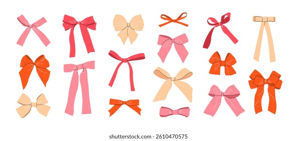 Set of hand drawn simple bows, bow knots, bow ties, ribbons, and hair bows. Isolated elements on white background. Bundle of various bows in flat style for celebration designs. Vector illustrations