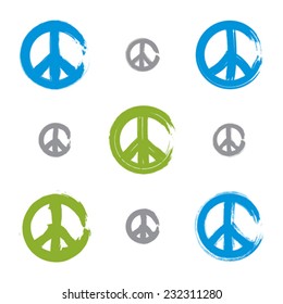 Set of hand drawn simple colorful vector peace icons, collection of brush drawing blue and green realistic peace symbols from 60s, hand-painted hippy signs isolated on white background.