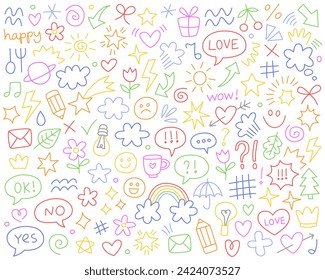 Set of hand drawn simple doodles. Icons, arrows, emoticons, clouds, strokes, stars, hearts. Social media. 
