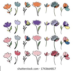 Set of hand drawn simple flowers isolated on white background, doodle style. Vector illustration, element for design of fabric; textile; scrapbooking paper, wallpaper.