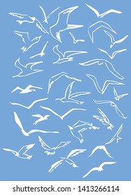 Set of hand drawn simple flying seagulls. Sketch, drawing, white lineart on blue background