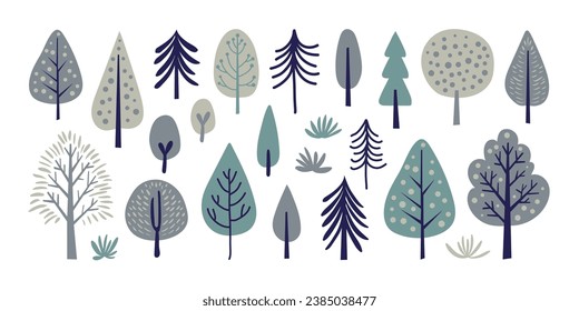 Set of hand drawn simple forest tree nature elements. Cute trendy cartoon style flat design. Seasonal decorative doodle isolated elements.