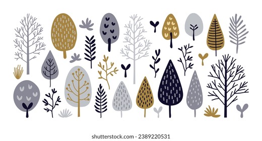 Set of hand drawn simple forest tree nature elements. Cute trendy cartoon style flat design. Seasonal decorative doodle isolated elements.