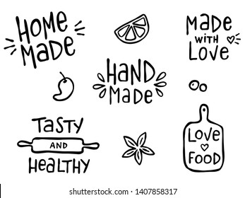 Set of hand drawn simple kitchen phrases about food and cooking - hand made, home made, made with love, tasty and healthy.  Prints for menu, restaurants or cafe, or separate elements. Ink, pen outline