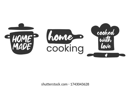 Set of hand drawn simple kitchen phrases - homemade,with love, home cooking, cooked with love. Badges, labels and logo elements, retro symbols for bakery shop, cooking club, cafe, or home cooking