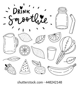 Set of hand drawn simple line vector doodle icons. Drink smoothie. Step by step easy to do recipe.