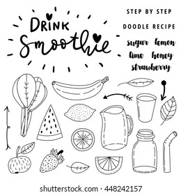 Set von handgezeichneten einfachen Vektorillustration-Dodle-Symbole. Trink Smoothie. Schritt für Schritt leicht zu rezeptieren.