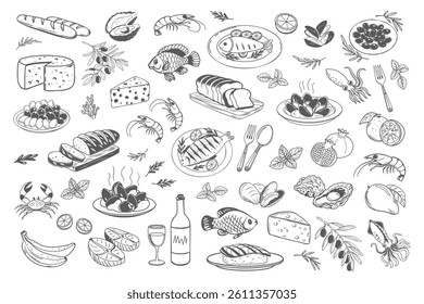Set of hand drawn simple Mediterranean food. Fish seafood cheese olives bread. Sketch style illustration for cafe or restaurant menu design.