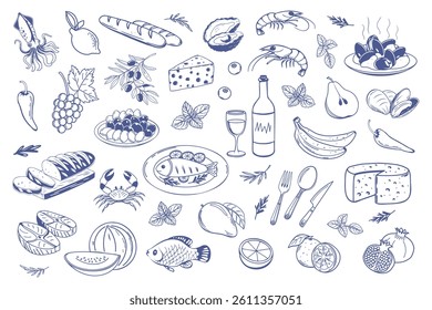 Set of hand drawn simple Mediterranean food. Fish seafood cheese olives bread. Sketch style illustration for cafe or restaurant menu design.