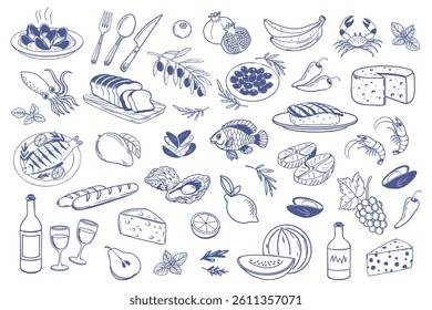 Set of hand drawn simple Mediterranean food. Fish seafood cheese olives bread. Sketch style illustration for cafe or restaurant menu design.