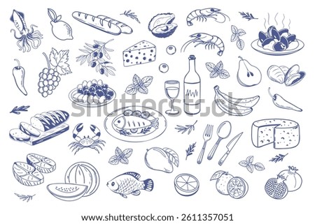 Set of hand drawn simple Mediterranean food. Fish seafood cheese olives bread. Sketch style illustration for cafe or restaurant menu design.