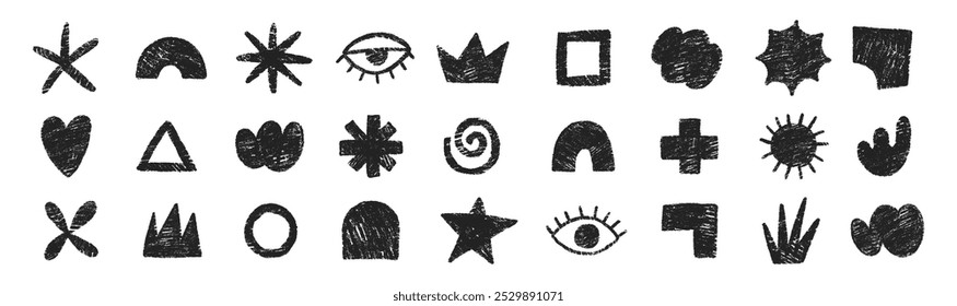 Set of hand drawn simple shapes of heart, flower, star, cloud with crayon or chalk texture. Doodle design elements for school. Vector illustration for kids.
