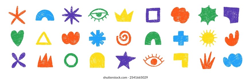 Set of hand drawn simple shapes of heart, flower, star, cross with crayon or chalk texture. Multicolor doodle design elements for school. Vector illustration for kids.