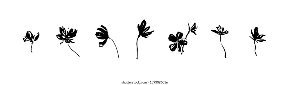 Set of hand drawn simple tree flowers. Grunge style brush painting vector silhouette. Black isolated vector on white background.