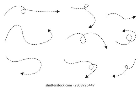 Conjunto de flechas simples de vector curvas dibujadas a mano. Esbozar el estilo del doodle. Colección de punteros. Línea discontinua