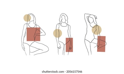 Set of hand drawn simplicity line drawing of woman beauty body. Abstract linear female silhouette. Minimalism logo. Black and white logo design. Abstract style.
