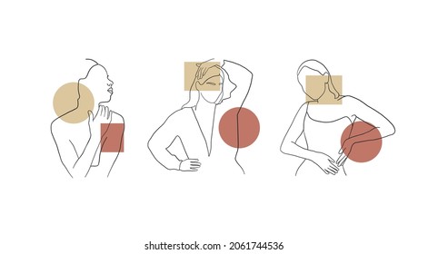 Set of hand drawn simplicity line drawing of woman beauty body. Abstract linear female silhouette. Minimalism logo. Black and white logo design. Abstract style.