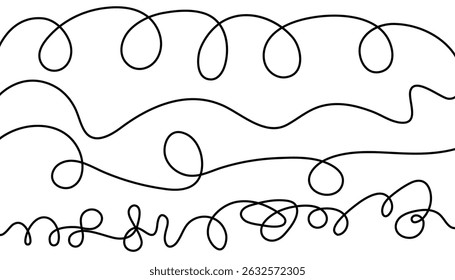 Set of hand drawn single line. curve doodle line. spiral line. black wire cable of usb and adapter. wave curly vector lines