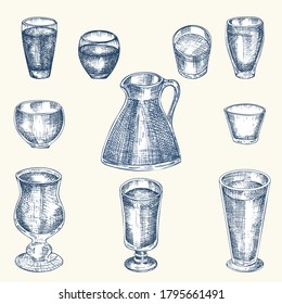 Hand gezeichnete Skizze alkoholische Getränke Brille Vodka, Whiskey, Wein Vintage Design Bar, Restaurant, Café-Menü auf weißem Hintergrund Kreative Vorlage für Flyer, Banner, Poster Gravur Stil Vektorkunst