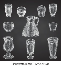 Set hand drawn sketch alcoholic drink glass Vodka, whiskey, wine Vintage design bar, restaurant, cafe menu Chalkboard background Creative template for flyer, banner, poster Engraving style vector art