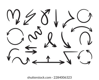 A set of hand drawn sketch arrows. Vector black arrows. Set of isolated arrows.