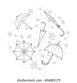  Set of Hand Drawn SKetch autumn umbrellas, leaves, mushrooms and drops arranged in a shape of a circle. Different  Fall Symbols. Perfect for Autumn Design. Vector illustration.