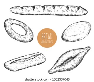 Set of hand drawn sketch bakery products isolated on white background. Vector vintage retro illustration.