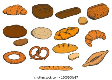 Set of hand drawn sketch bakery products isolated on white background. Vector vintage retro illustration.