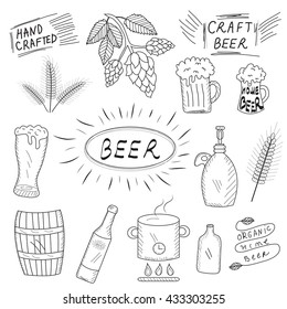 The set of hand drawn sketch of beer and home brewery. Home brewing, crafted beer. Vector illustration