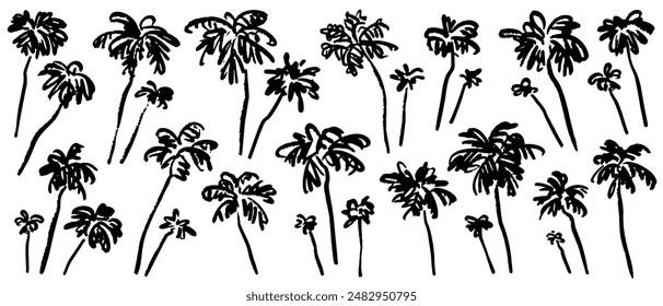 Set of hand drawn sketch black palm trees isolated on white background. Abstract silhouette of tropical plants. Vector illustration clipart