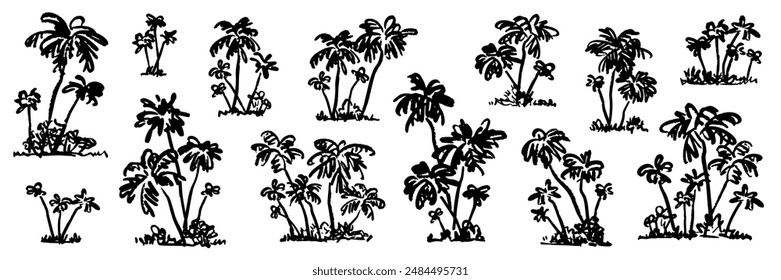 Set of hand drawn sketch black palm trees isolated on white background. Abstract composition with silhouette of tropical plants. Vector illustration clipart