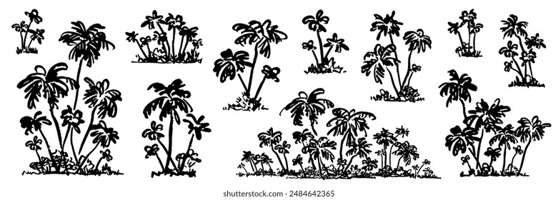 Set of hand drawn sketch black palm trees isolated on white background. Abstract composition with silhouette of tropical plants. Vector illustration clipart