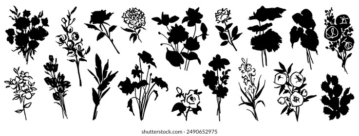 Set of hand drawn sketch black flowers, branches and bouquet isolated on white background. Abstract composition with silhouette of plants. Vector illustration clipart