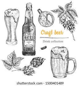 Set hand drawn sketch bottle and glasses beer, hop, wheat Vintage design bar, restaurant, cafe menu on white background. Graphic vector art Creative template for flyer, banner, poster Engraving style