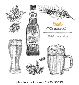 Set hand drawn sketch bottle and glasses beer, hop, wheat Vintage design bar, restaurant, cafe menu on white background. Graphic vector art Creative template for flyer, banner, poster Engraving style